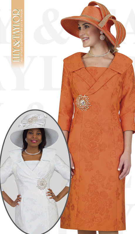 Lily And Taylor 4488-OR ( 1pc Novelty Church Dress With Draped Shoulder Accent And Jeweled Brooch )-Hat