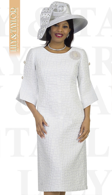 Lily And Taylor 4549-WH ( 1pc Novelty Ladies Textured Church Dress With Jeweled Brooch )-Hat
