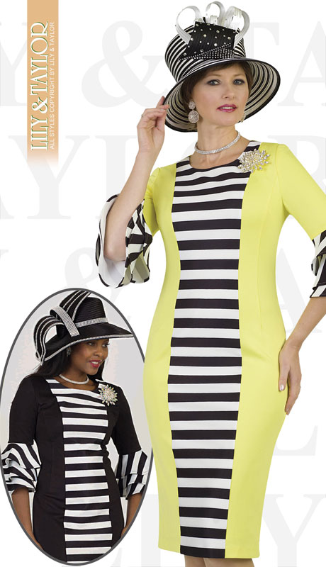 Lily And Taylor 4536-YE ( 1pc Ponte Knit First Lady Dress With Striped Ruffle Trim And Jeweled Brooch )-Hat