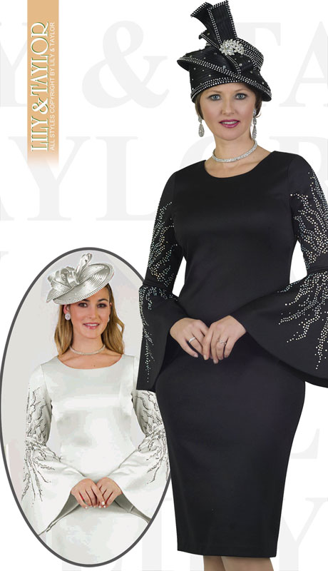 Lily And Taylor 4501-BL ( 2pc Ponte Knit Womans Church Suit With Flared Sleeves And Rhinestones )-Hat