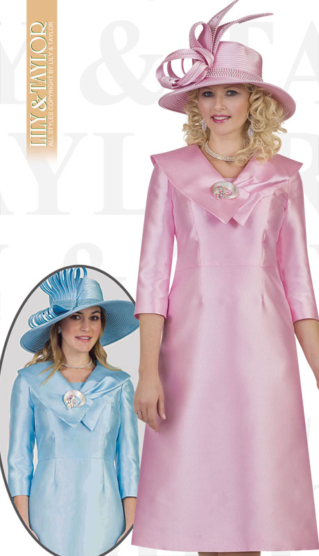 Lily And Taylor 4552-PI ( 1pc Silk Ladies Church Dress With Draped Collar And Brooch )-Hat