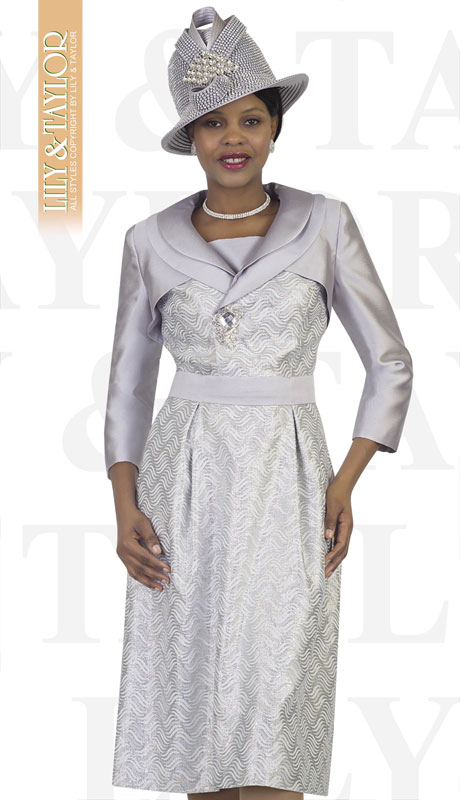 Lily And Taylor 4506-SI ( 1pc Silk Ladies Church Dress With Draped Collar And Rhinestone Brooch )-Hat