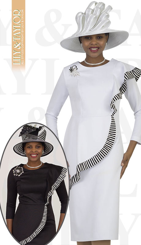 Lily And Taylor 4443-WH ( 1pc Ponte Knit Striped Womans Church Dress With Ruffle Trim And Jeweled Brooch )-Hat