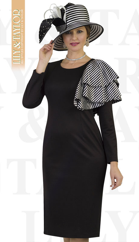 Lily And Taylor 4390-BL ( 1pc Ponte Knit First Lady Dress With Striped Ruffle Trim And Jeweled Brooch )-Hat