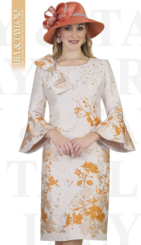 Lily And Taylor 4356-OR ( 1pc Novelty Womens Church Dress With Embroidery Pattern Bow Tie Trim And Flared Sleeves )-Hat