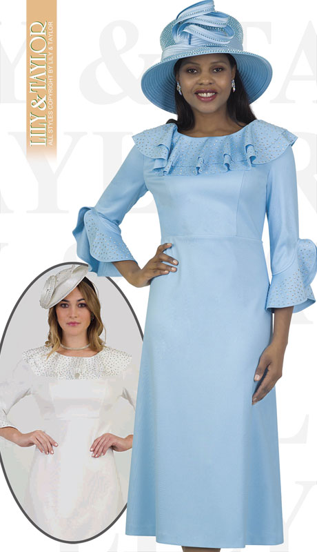 Lily And Taylor 4472-BL ( 1pc Ponte Knit First Lady Dress With Ruffles And Jeweled Trim )-Hat