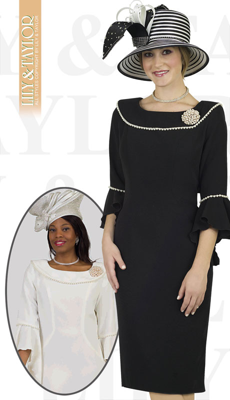 Lily And Taylor 4481-BL ( 1pc Crepe Womans Church Dress With Flared Sleeves And Pearl Trim )-Hat