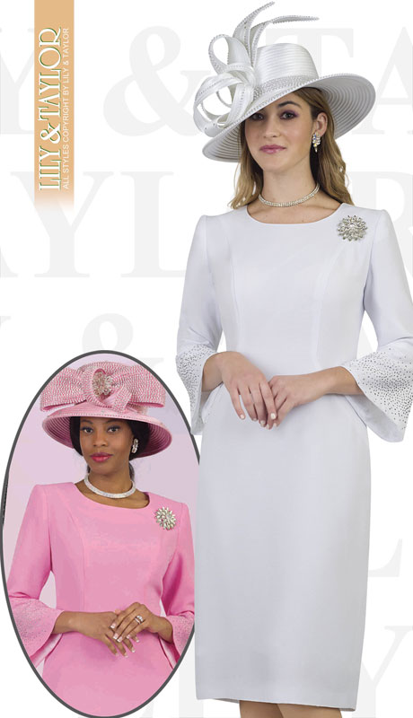 Lily And Taylor 4092-WH ( 1pc Crepe Ladies Church Dress With Flared Sleeves And Brooch )-Hat
