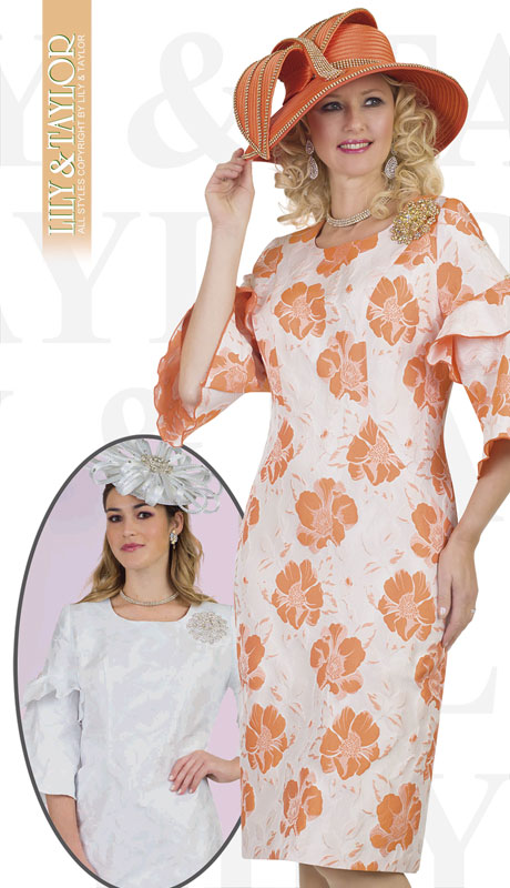 Lily And Taylor 4535-OR ( 1pc Novelty Ladies Brocade Church Dress With Jeweled Brooch )-Hat