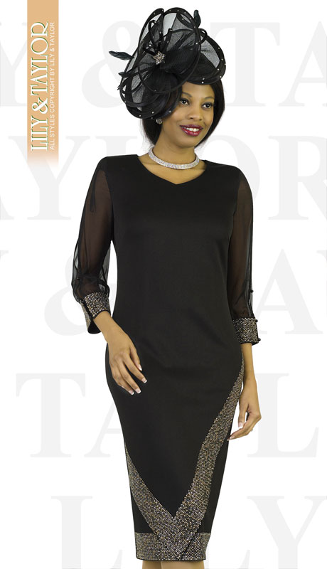 Lily And Taylor 3887-BL ( 1pc Ponte Knit First Lady Dress With Shear Sleeves And Rhinestones )-Hat