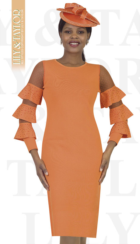 Lily And Taylor 677-OR ( 1pc Ponte Knit First Lady Dress With Ruffle Sleeves And Jeweled Trim )-Hat