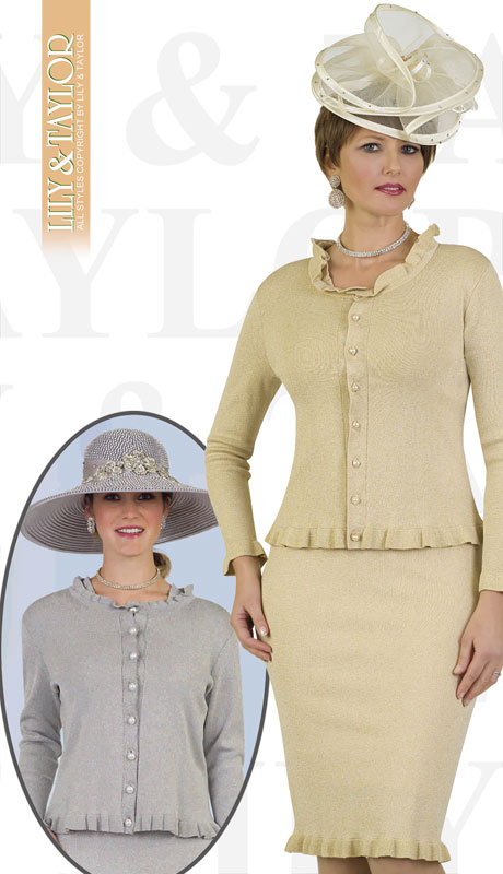 Lily And Taylor 659-GO ( 2pc Knit Womans Church Suit With Ruffled Edges And Pearl Buttons )-Hat