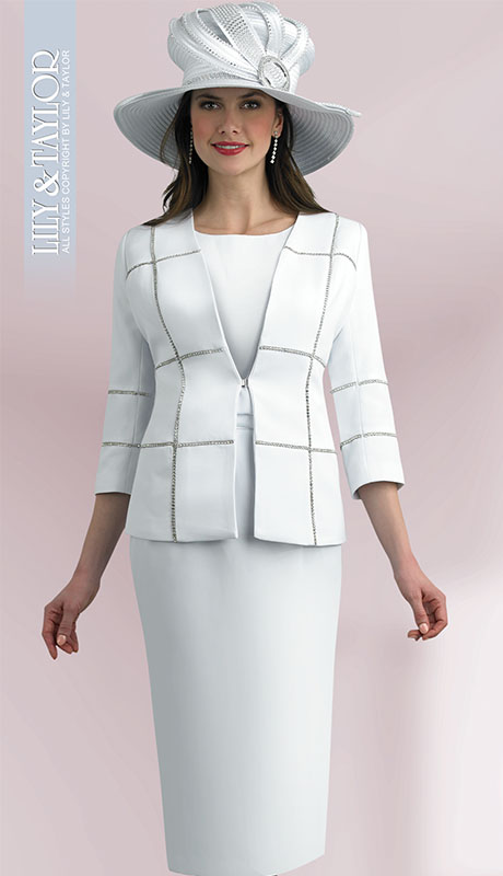 Lily And Taylor 4623-WHT ( 2pc Peachskin Ladies Sunday Suit With Rhinestone Trim )