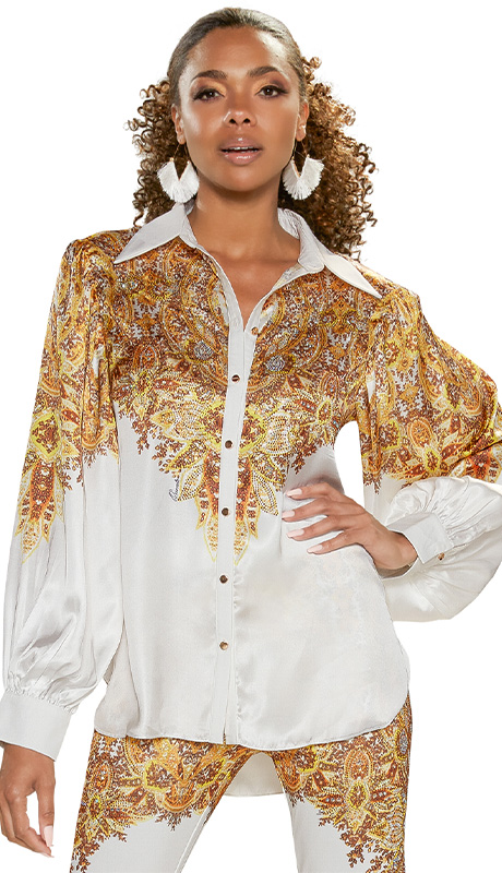 Love The Queen 17389-T ( 1pc Bridal Satin Blouse With Multi Colored Rhinestone Design And Gold Buttons )