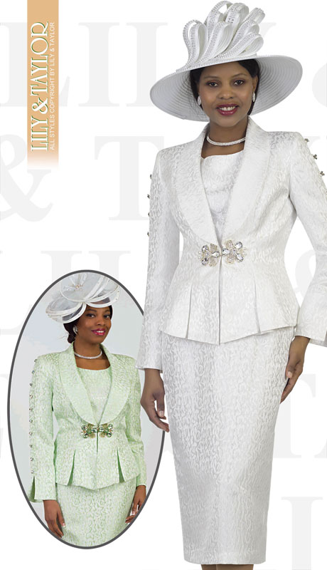 Lily And Taylor 4478-WH ( 3pc Novelty Ladies Church Suit With Embossed Print Design And Rhinestone Sleeves )-Hat
