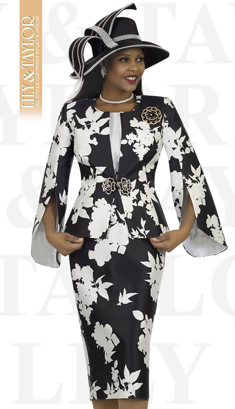 Lily And Taylor 4515-BL ( 3pc Silk Novelty Floral Brocade Church Suit With Flared Sleeves And Jeweled Brooch )-Hat