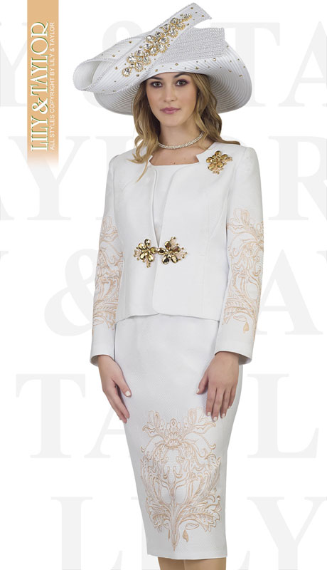Lily And Taylor 4504-WH ( 3pc Silk Ladies Church Suit With Emboidered Design And Brooch )-Hat