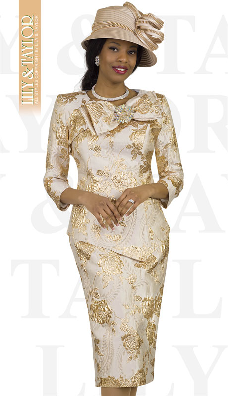 Lily And Taylor 4421-GO ( 2pc Metallic Novelty Church Suit With Large Bow Trim )-Hat