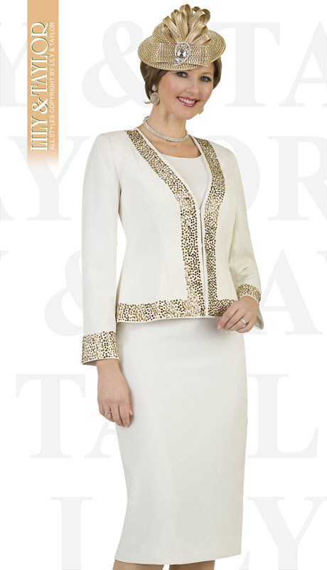 Lily & Taylor 4434-IV ( 3pc French Crepe Womans Skirt Suit With Jeweled Trim )-Hat