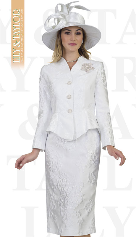 Lily And Taylor 4532-WH ( 2pc Novelty Brocade Church Suit With Peplum Jacket And Offset Buttons )-Hat
