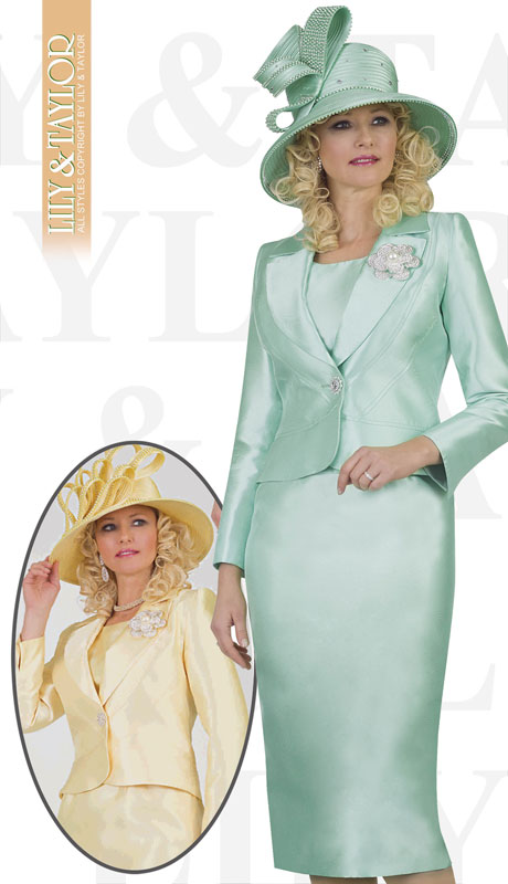 Lily And Taylor 4542-MI ( 3pc Silk Ladies Church Suit With Emboidered Design And Brooch )-Hat