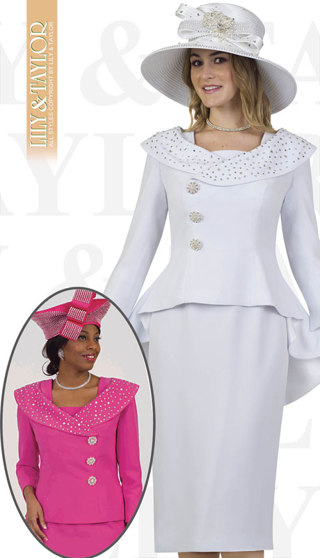 Lily And Taylor 4539-WH ( 2pc Novelty Crepe Church Suit With Rhinestones And Offset Buttons )-Hat