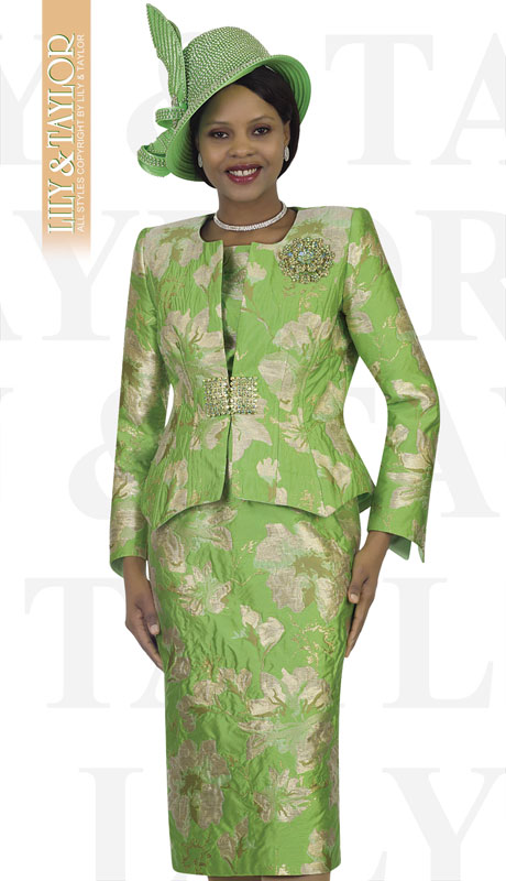 Lily And Taylor 4477-GR ( 3pc Novelty Church Suit With Brooch )-Hat