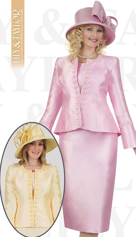 Lily And Taylor 4545-PI ( 3pc Silk Ladies Church Suit With Emboidered Design And flared Sleeves )-Hat
