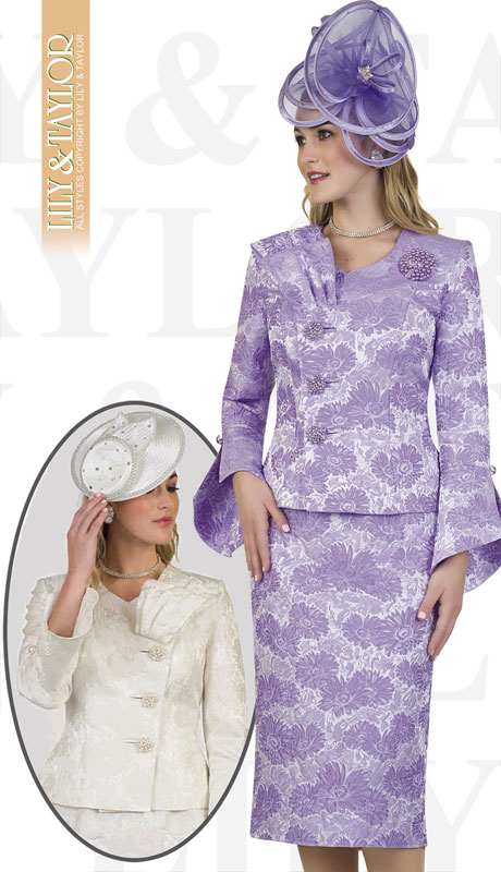 Lily And Taylor 4479-LA ( 2pc Novelty Floral Brocade Church Suit With Brooch And Offset Buttons )-Hat