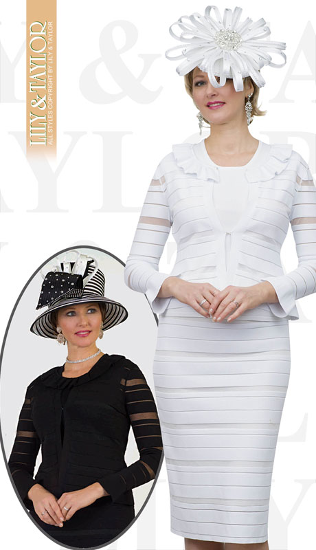 Lily And Taylor 663-WH ( 3pc Knit Womans Church Suit With Striped Pattern And Ruffle Collar )-Hat