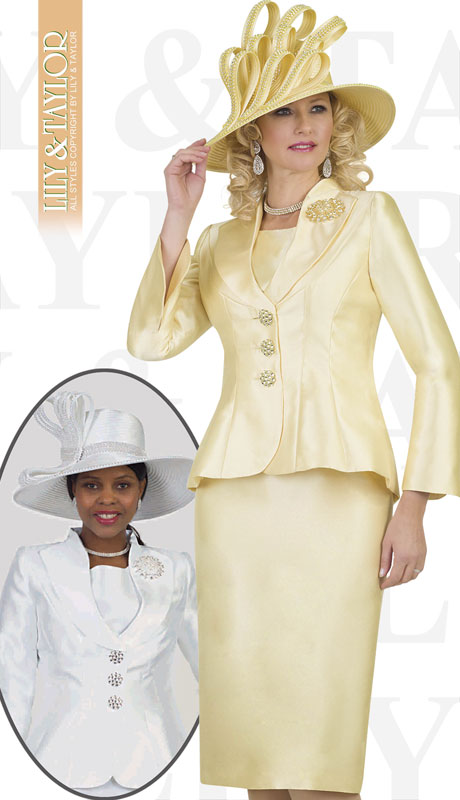 Lily And Taylor 4417-CA ( 3pc Silk Church Suit With Jeweled Buttons And Brooch )-Hat