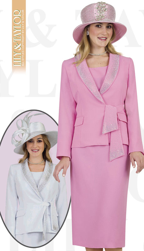 Lily & Taylor 4303-PI ( 3pc Ladies Crepe Skirt Suit With Sash And Rhinestone Trim )-Hat