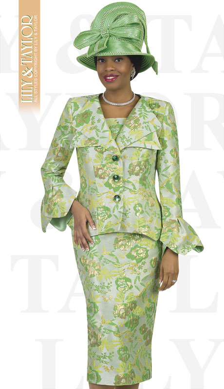 Lily And Taylor 4517-GR ( 2pc Novelty Floral Brocade Church Suit With Peplum Jacket And Offset Buttons )-Hat