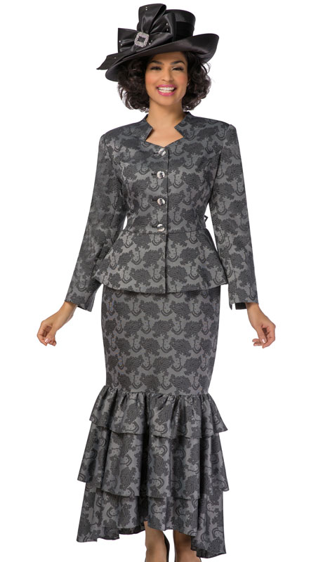 Giovanna G1101-BK ( 2pc Brocade Ladies Church Suit With Ruffled Skirt And Peplum Jacket )-Hat