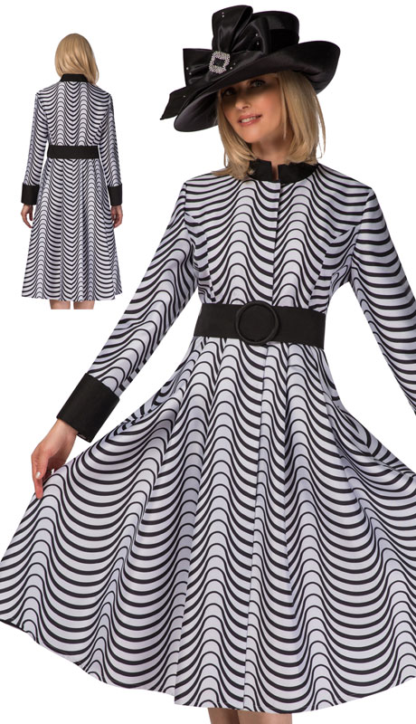 Giovanna D1516-BW ( 1pc Novelty Wave Repeat Print Long Dress  )-Hat