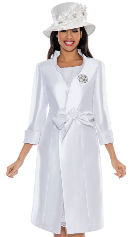 Giovanna G1117-WH ( 2pc Silk Look Duster Jacket And Lace Dress With Rich Brooch )-Hat