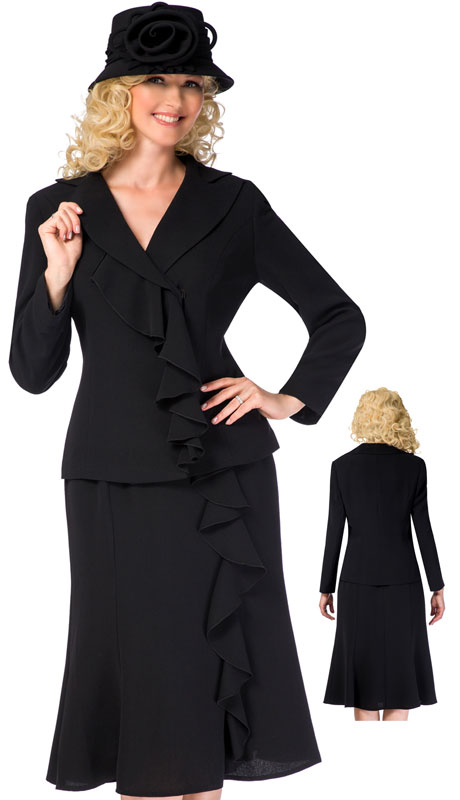 Giovanna 0819-BK ( 2pc PeachSkin Womens Church Suit With Ruffle Covering Snap Closure )-Hat