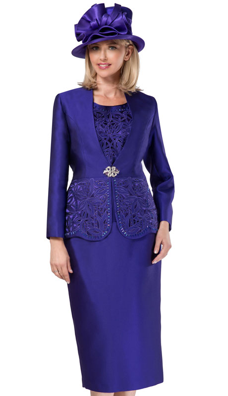 Giovanna G1088-PU ( 3pc Silk Look Womens Collarless Church Suit With Cutouts And Beading )-Hat