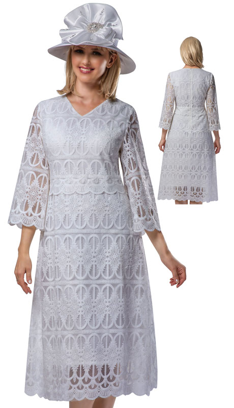 Giovanna D1520-WH ( 1pc Lace V-Neck Dress With Scallop Hems )-Hat