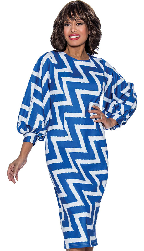 Nubiano 1311-BUW ( 1pc Silk Look Ladies Church Dress With Zig-Zag Pattern And Puff Sleeves )