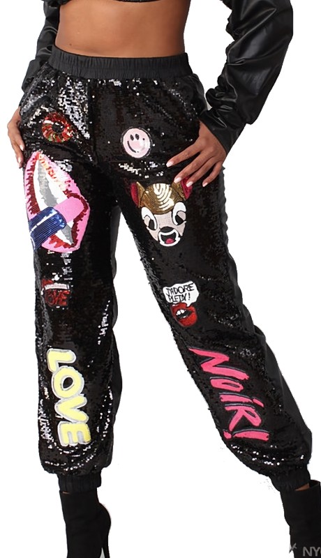 For Her 81794 ( 1pc Sequin Front Faux Leather Jogger Pant )