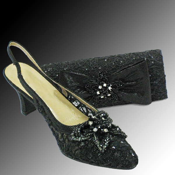 P73 LACE COMBO-BLK ( Embroidered Lace Covered Clutch, With Embroidered and Sequin Embellished Lace Slingback, And 2.5" Heel )