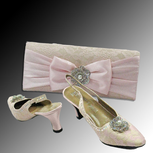 P97 CECILE COMBO-PKN ( Satin Clutch With Lace Overlay, With Lace Blanketed Satin Slingback And Jewel Flower Brooch, 2.5" Heel )