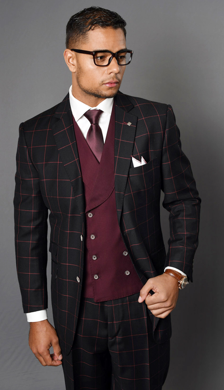 LUCCA-BU ( 3pc Mens Statement Plaid Suit With Solid Double Breasted Vest And Pleated Pants, Super 150's )