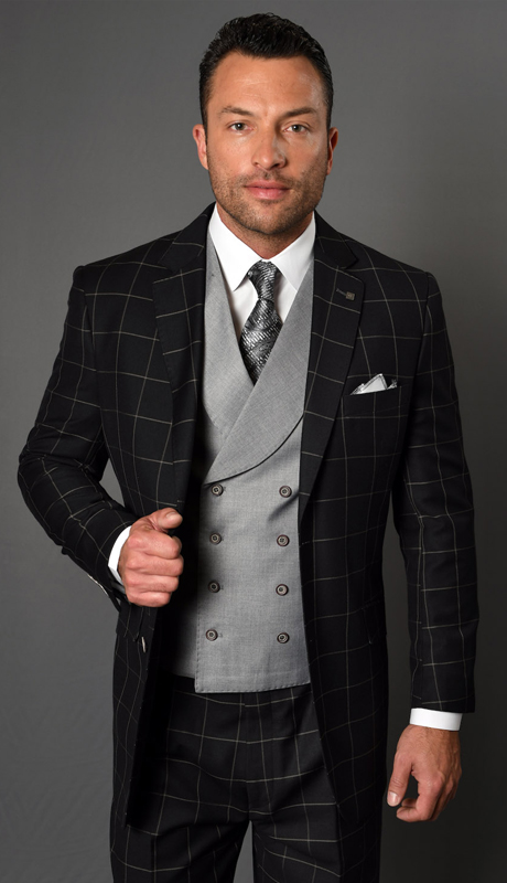 LUCCA-GR-QO ( 3pc Mens Statement Plaid Suit With Solid Double Breasted Vest And Pleated Pants, Super 150's )