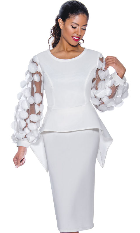 Stellar Looks SL1012-WHT-IH ( 2pc Scuba Knit Womens Church Suit With Oversize Sleeves And Pleated Peplum )
