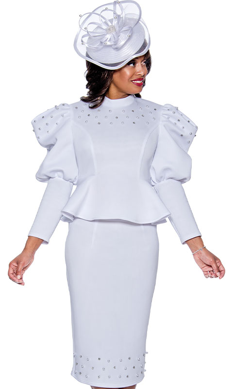Stellar Looks SL1402-WHT-IH ( 2pc Scuba Knit Womens Church Suit With Puff Shoulders, Pleated Waist, And Two-Tone Pearl Trim )