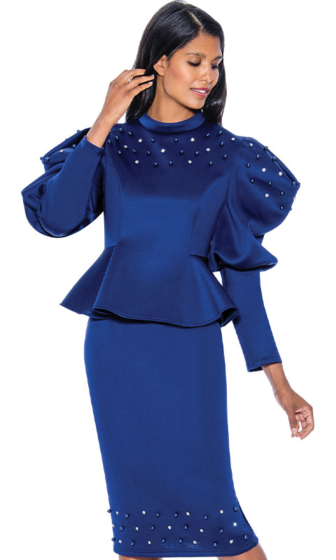 Stellar Looks SL1402-NAV-IH ( 2pc Scuba Knit Womens Church Suit With Puff Shoulders, Pleated Waist, And Two-Tone Pearl Trim )