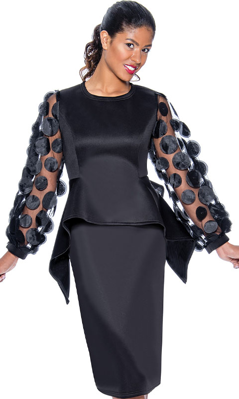 Stellar Looks SL1012-BLK-QS ( 2pc Scuba Knit Womens Church Suit With Oversize Sleeves And Pleated Peplum )