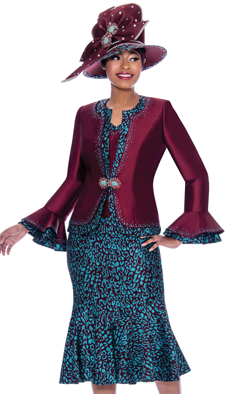 Susanna 3922-WI ( 3pc Silk Look Flounce Hem Skirt Suit In Abstract Pattern Design With Layered Bell Cuff Jacket )-Hat